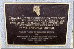 Marker in Berryville, VA about where Traveler tied