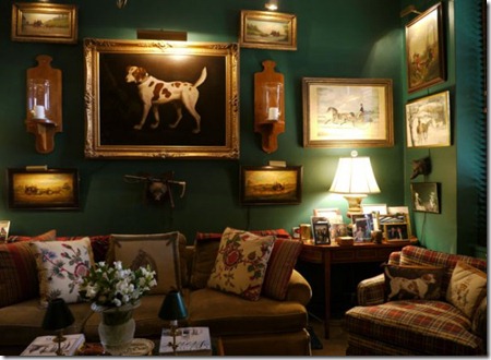 horse-dog-framed-prints-wall-gallery-green-painted-walls-decor-plaid-chair-decorating-traditional-home-room-ideas