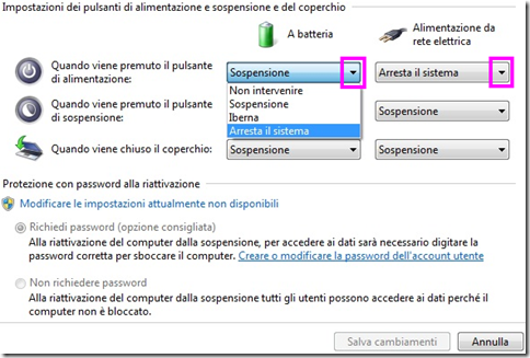 Impostazioni dei pulsanti di alimentazione e sospensione e del coperchio - Windows 7