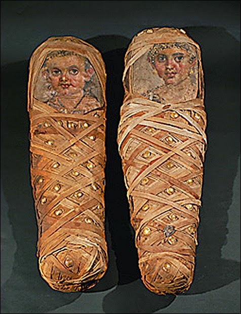 Funeral-portraits of the children of Aline             <br />(see 08-01-10/68),                                     <br />from Hawara, Fayum Osasis, Egypt.                      <br />Painted canvas (about 50 CE)                           <br />Inv. 11 412, 11 413                                    <br />