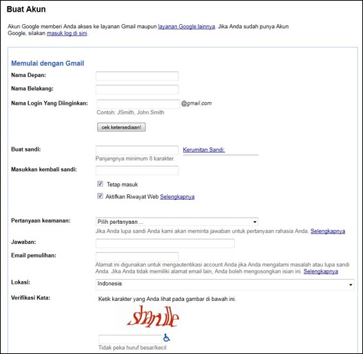 Halaman formulir pendaftaran di Gmail