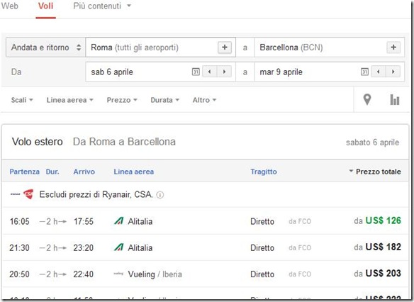 Google Voli (Google Flight) Ricerca voli