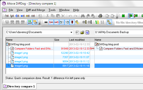 DiffDog directory comparison results