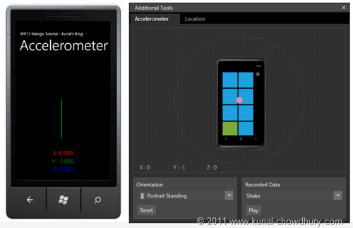 WP7.1 Demo - Expanded Accelerometer Window with Phone Emulator