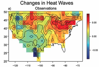 Trend from 1961-1990 in the Karl-Knight heat wave index, which tracks the warmest average minimum temperature over three consecutive nights in a year. Gutowski et al. 2008 via climatecommunication.org