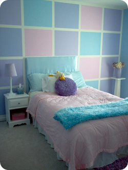 checkered wall with bright colors girls room