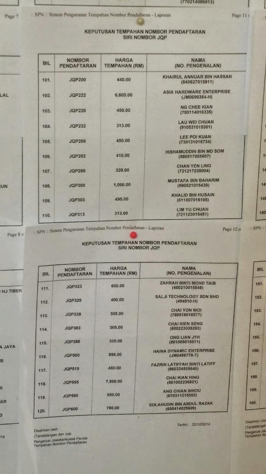 JPJ NO PLATE TENDER RESULT JOHOR JQP TENDER RESULT JPJ JOHOR