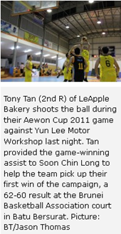 Tony Tan (2nd R) of LeApple Bakery shoots the ball during their Aewon Cup 2011 game against Yun Lee Motor Workshop last night. Tan provided the game-winning assist to Soon Chin Long to help the team pick up their first win of the campaign, a 62-60 result at the Brunei Basketball Association court in Batu Bersurat. Picture: BT/Jason Thomas 