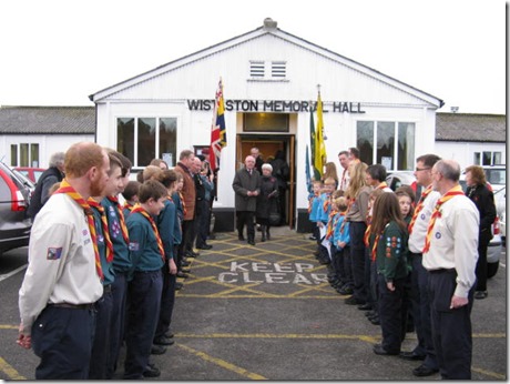 Wistaston 35th SWC Scout Group form a guard of honour outside the Hall after the Service