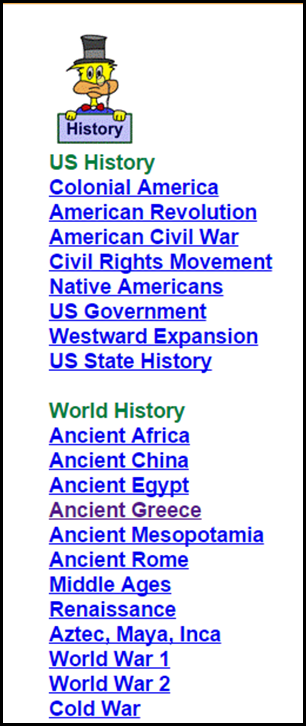Ducksters – History & Geography – Ducksters is a great website for Science and Social Studies, but the Social Studies part is particularly fabulous.  Each category has tons of links to additional information and subcategories.  This is a great place to start students out when working on a research project. 
