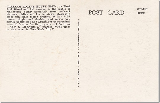 William Sloane House YMCA New York City, Postcard pg. 2