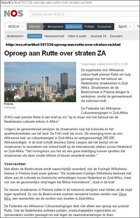 Pretoria name change FAK asks Dutch premier Rutte to stop ethnic cleansing name changes of Pretoria streets