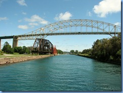 5035 Michigan - Sault Sainte Marie, MI -  St Marys River - Soo Locks Boat Tours - International Bridge, a railroad bridge and Emergency Swing Dam Bridge (red)