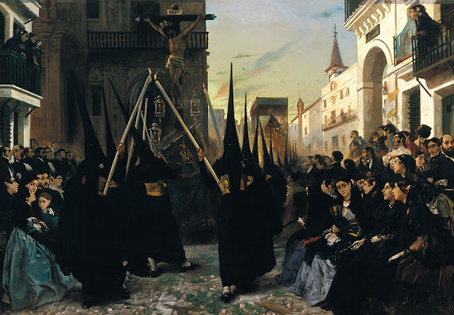 Museo Carmen Thyssen Málaga - Alfred Dehodencq - Una cofradía pasando por la calle Génova, Sevilla.jpg