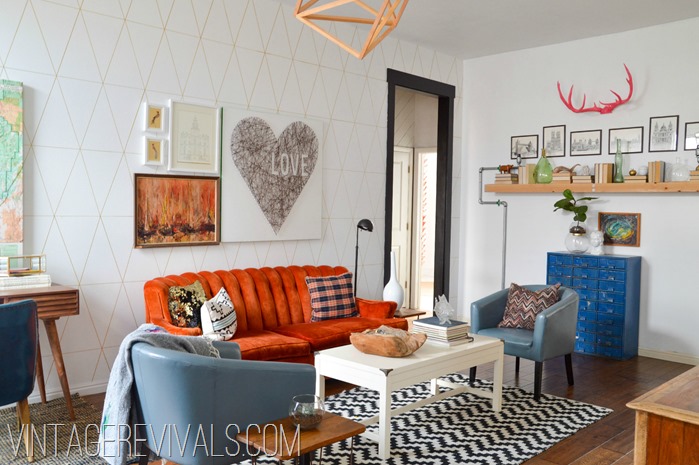 Orange Tufted Couch Living Room Makeover @ Vintage Revivals