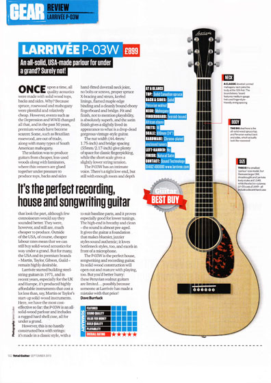 Larrivee P 03 Walnut Awarded Total Guitar Best Buy Award