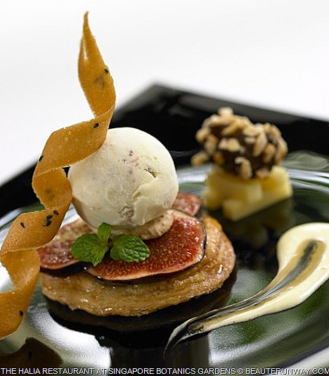 Halia Restaurant Singapore Fresh baked fig tart, bacon pear ice cream, almond date, brie cheese, sour cream