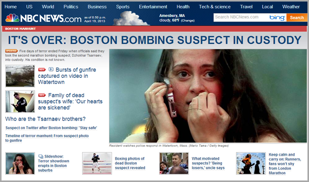 The home page of the NBC News site from Friday evening, April 19th 2013.