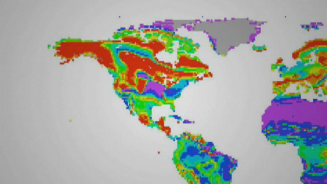 A NASA map shows ecological sensitivity for the next century, with purple representing regions only slightly vulnerable to change. The ecological stress increases through blue, green, yellow, and orange areas to red. NASA