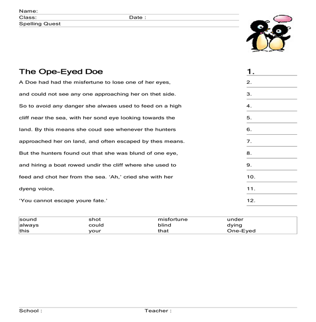 The One-Eyed Doe : Spelling Worksheet