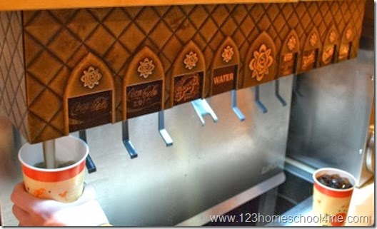 soda machine with free refills at Be Our Guest Restaurant soda machine with free refills at Be Our Guest Restaurant