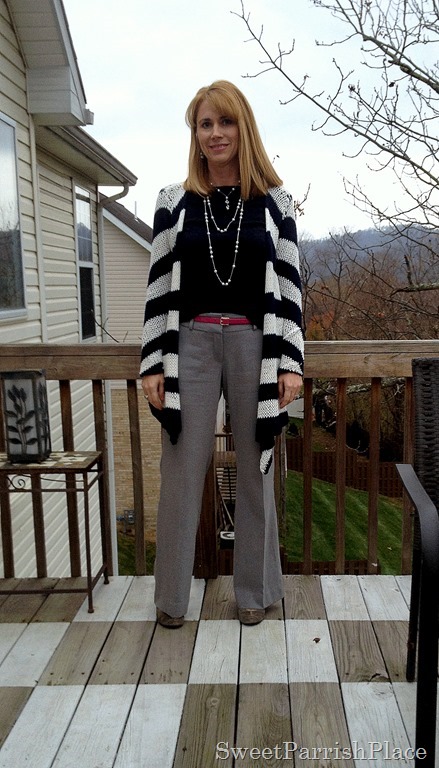 grey pants and striped sweater