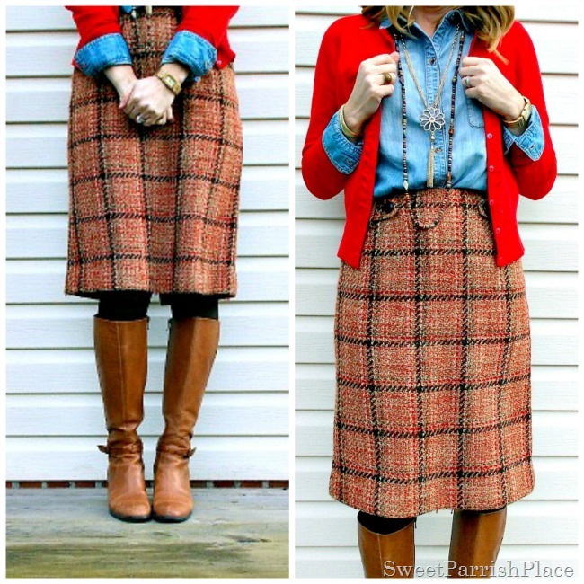 plaid tweed skirt, denim shirt, red cardigan and tall boots8