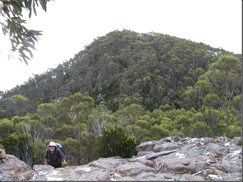 View back to the high point on Montagu Thumbs.  Adrian Blackman in foreground