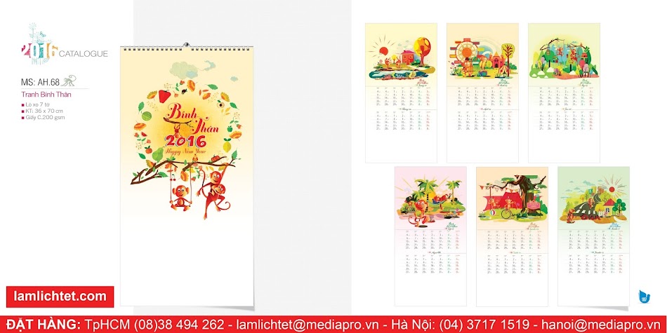 Mẫu Thiết Kế Lịch Treo Tường Đẹp Rẻ: Lịch 7 Tờ Lòxo AH68 - Tranh Bính Thân Mẫu Thiết Kế Lịch Treo Tường Đẹp Rẻ: Lịch 7 Tờ Lòxo AH68 - Tranh Bính Thân