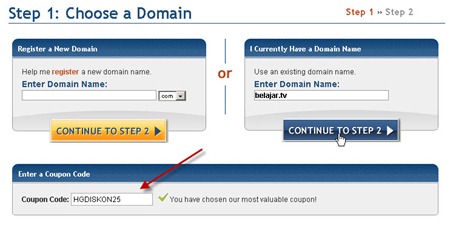 Memasukkan nama domain dan kupon diskon