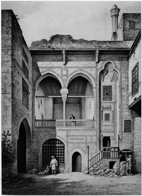 Bayt al-Emir,courtyard, 17th century. Prisse, intngued by social history, has captured the heart of Bayt al-Emtr— the courtyard. He examines degrees of privacy through emphasis on several key features: the central grid window, evocative of a sabil facade; the arch-lined hall above: and the mashrabiya coverings.