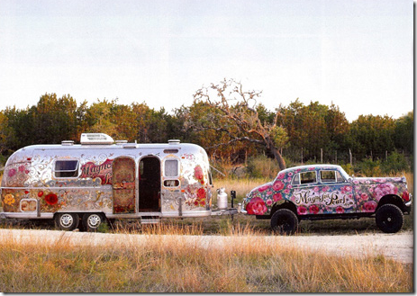 The famous Magnolia Pearl with their painted Airstream and vintage car that