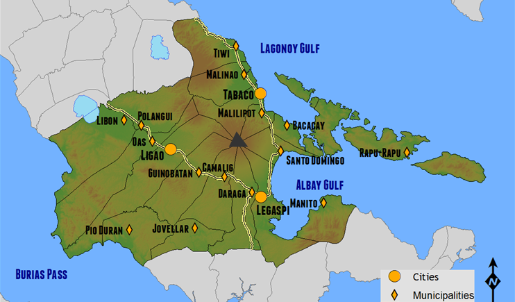 The location of Mayon in Albay province and the eight cities and municipalities that share the volcano | flickr.com