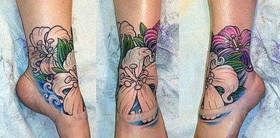 ankle-flower-tattoo, legs tattoo, feed tattoo