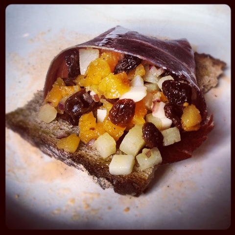 Beef Cecina on toast with Spanish cheese and dried fruits