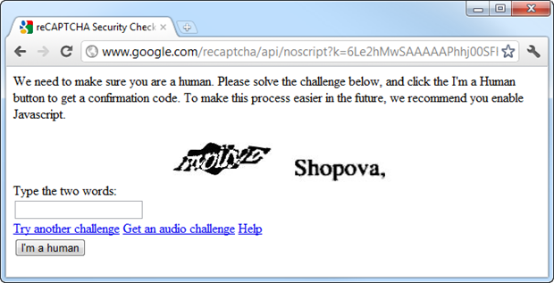 CAPTCHA contenuti della iframe contenuto in un form