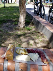 Meat and cheese feast in the plaza in Cafayate.