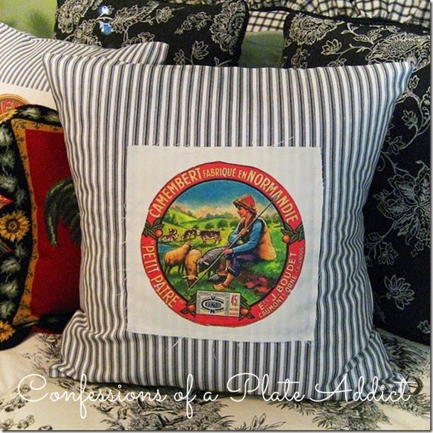 CONFESSIONS OF A PLATE ADDICT  French Ticking Pillow with Vintage Label