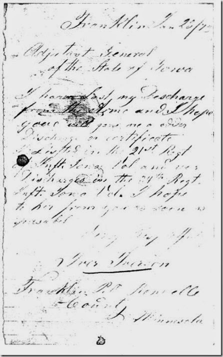 Letter by Iver Iverson to Adjutant General dated January 23, 1873