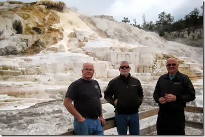 Joe, Jeff and Dale in front of Minerva Spring with its ornate travertine formations.