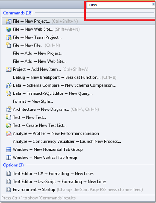 Quick Lanuch Feature of Visual Studio 2011 Developer Preview