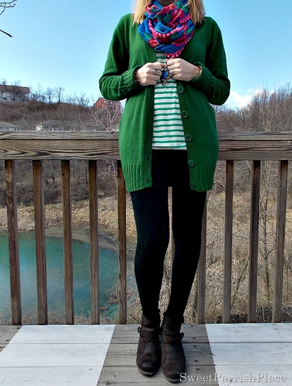 green cardigan , green stripes, floral scarf, brown boots2