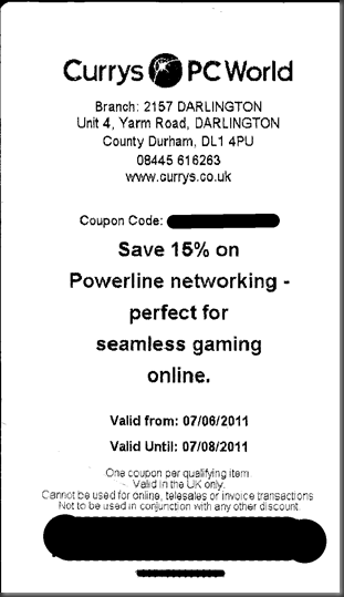 The offending voucher for 15% off Powerline networking