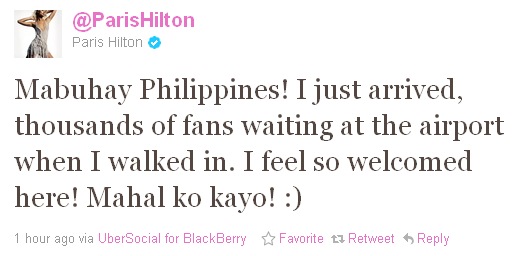 Paris Hilton tweets arrival in Manila