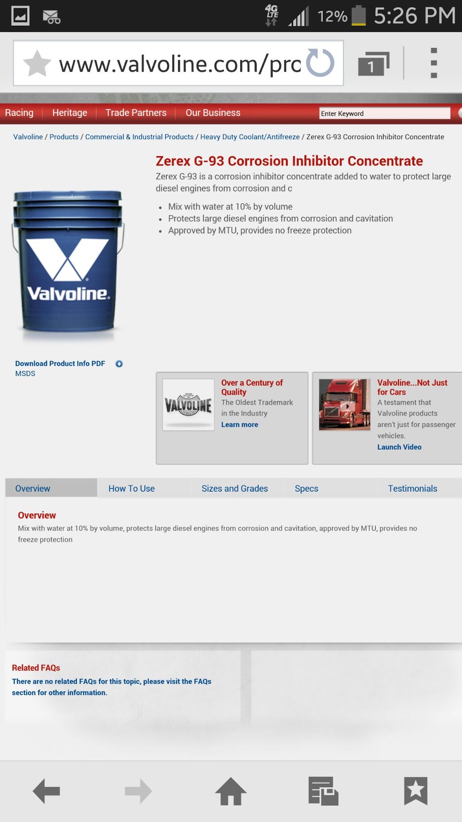 G93 G93 Zerex Corrosion Inhibitor Coolant MTU Approved 5 Gallon Pails