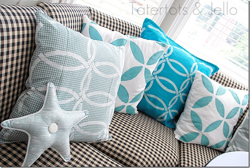 stenciled napkin pillows from the side