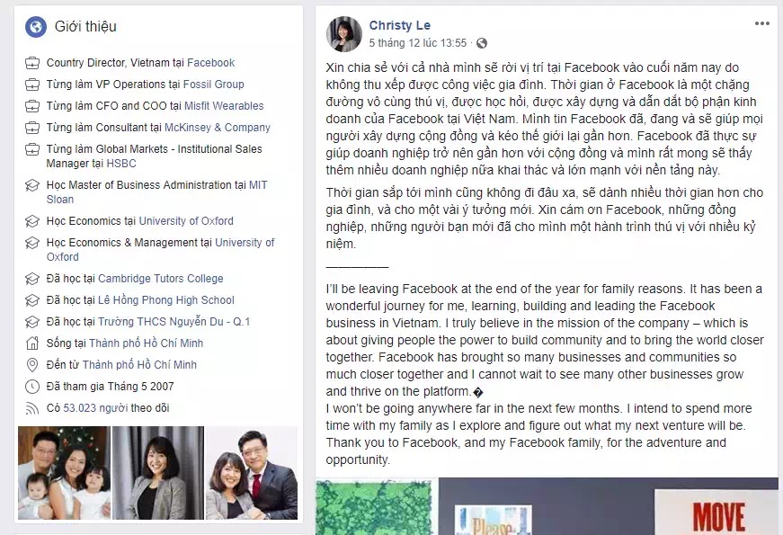 Bà Lê Diệp Kiều Trang, giám đốc Facebook Việt Nam xác nhận sẽ rời vị trí vào cuối năm 2018.