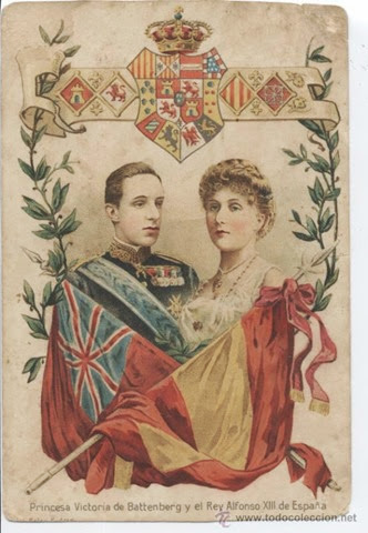 Princesa Victoria de Battenberg y el Rey Alfonso XIII de España. Escudo Real. Mateu