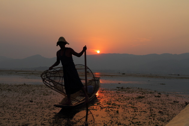 Inle Fisherman Silhouette at Sunset from Inle Lake, Burma