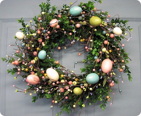 boxwood wreath with easter eggs